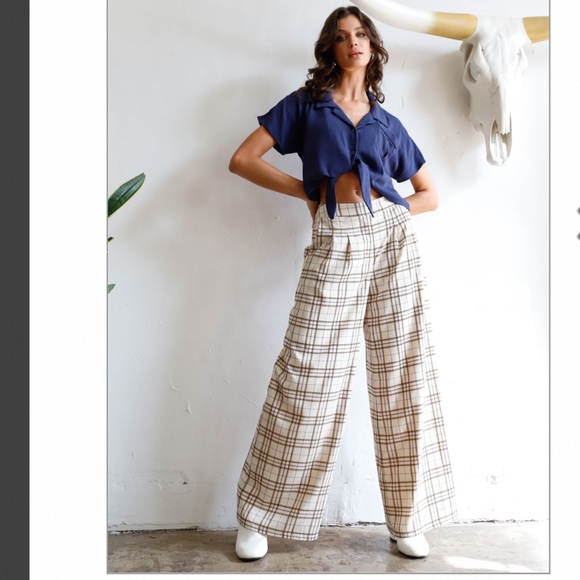 NEW Ivory Multi  Color Plaid Wide Leg Pants - Picture 6 of 8